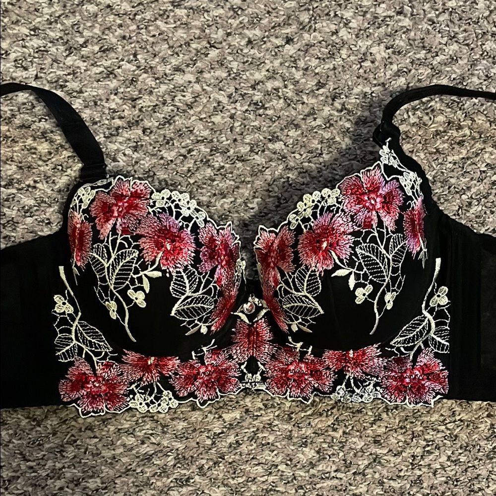 Floral Embroidered Black and Red Bra